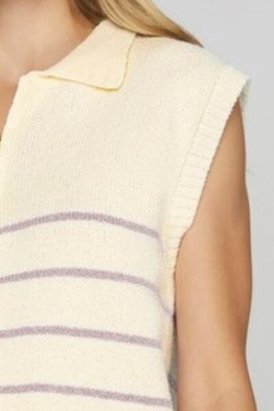 She + Sky Ribbed Hem Striped Half Zip Sweater Vest - Enfance-Heureuse