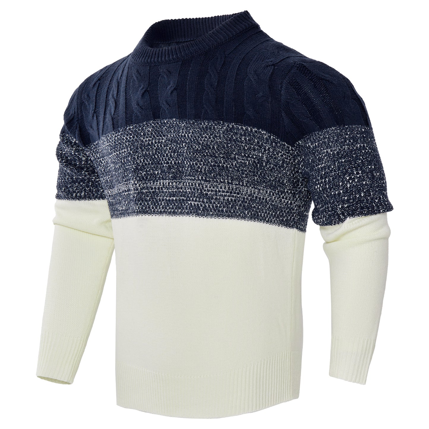 Men's Casual Color Block Long Sleeve Cable Knit Pullover Sweater - Enfance-Heureuse