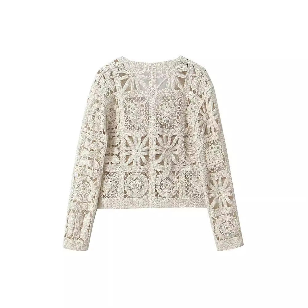 Women's Fashion Three-dimensional Hollow-out Crocheted V-neck Knitted Cardigan Wide-leg Lace Pants - Enfance-Heureuse