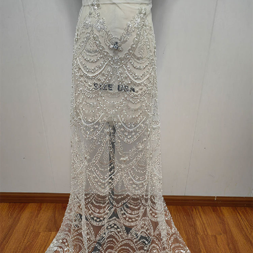 Wave Style Sequin Bead Lace Fabric Wedding Dress - Enfance-Heureuse