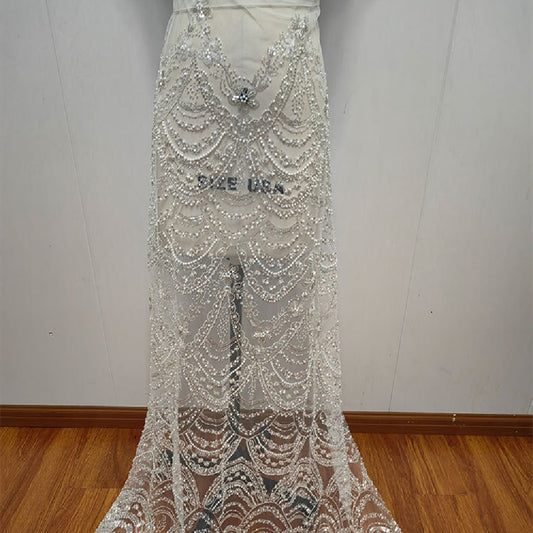 Wave Style Sequin Bead Lace Fabric Wedding Dress - Enfance-Heureuse