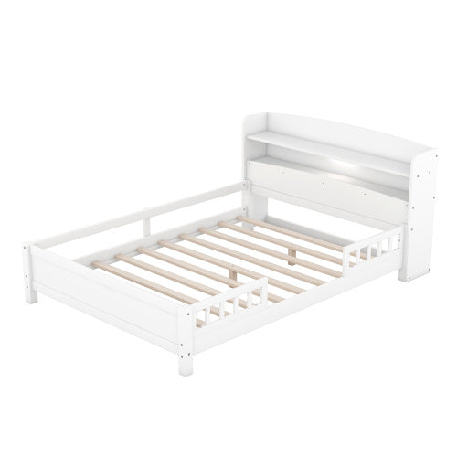 Wood Full Size Platform Bed With Built-in LED Light, Storage Headboard And Guardrail, White - Enfance-Heureuse