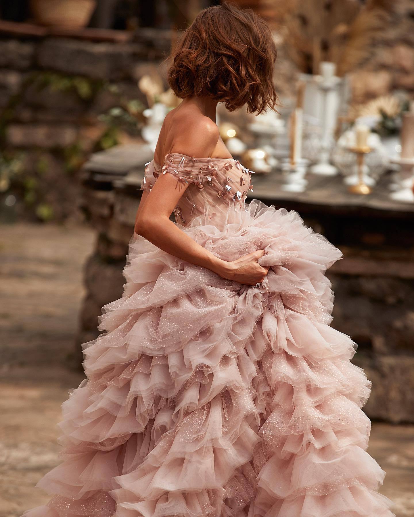 One-line Shoulder Wipe Chest Princess Studded Beaded Cake Skirt Pink Wedding Dress - Enfance-Heureuse