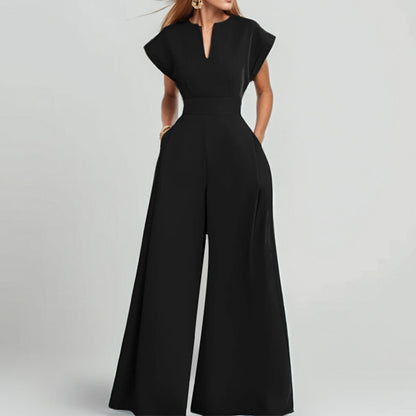 Women's V-Neck Solid Color Short Sleeve Jumpsuit Wide Leg A-Line Waist Tied Casual Summer Outfit - Enfance-Heureuse