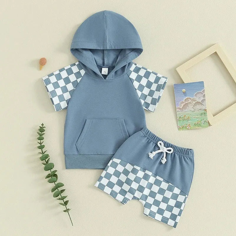 Summer European And American Boys' Plaid Hooded Fleece And Shorts Suit - Enfance-Heureuse