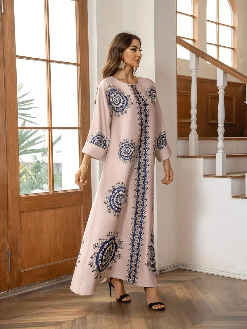 Long Women's Robe, Round Neck And Printed Dress - Enfance-Heureuse