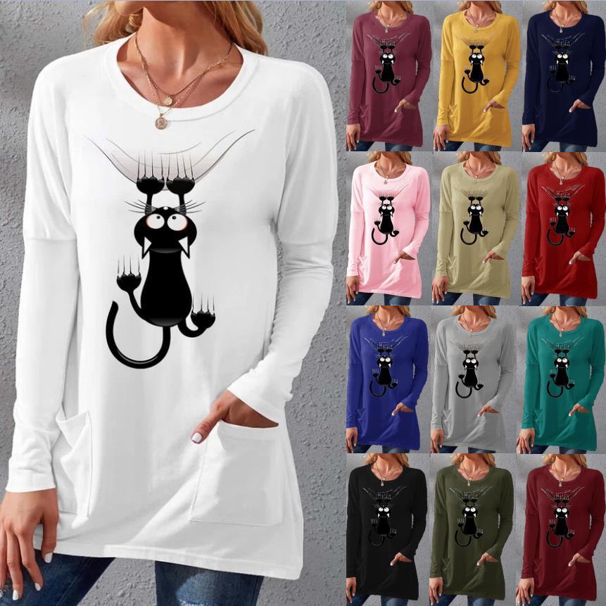 Women's Pocket Round Neck T-shirt Printed Loose Long Sleeve Dress - Enfance-Heureuse