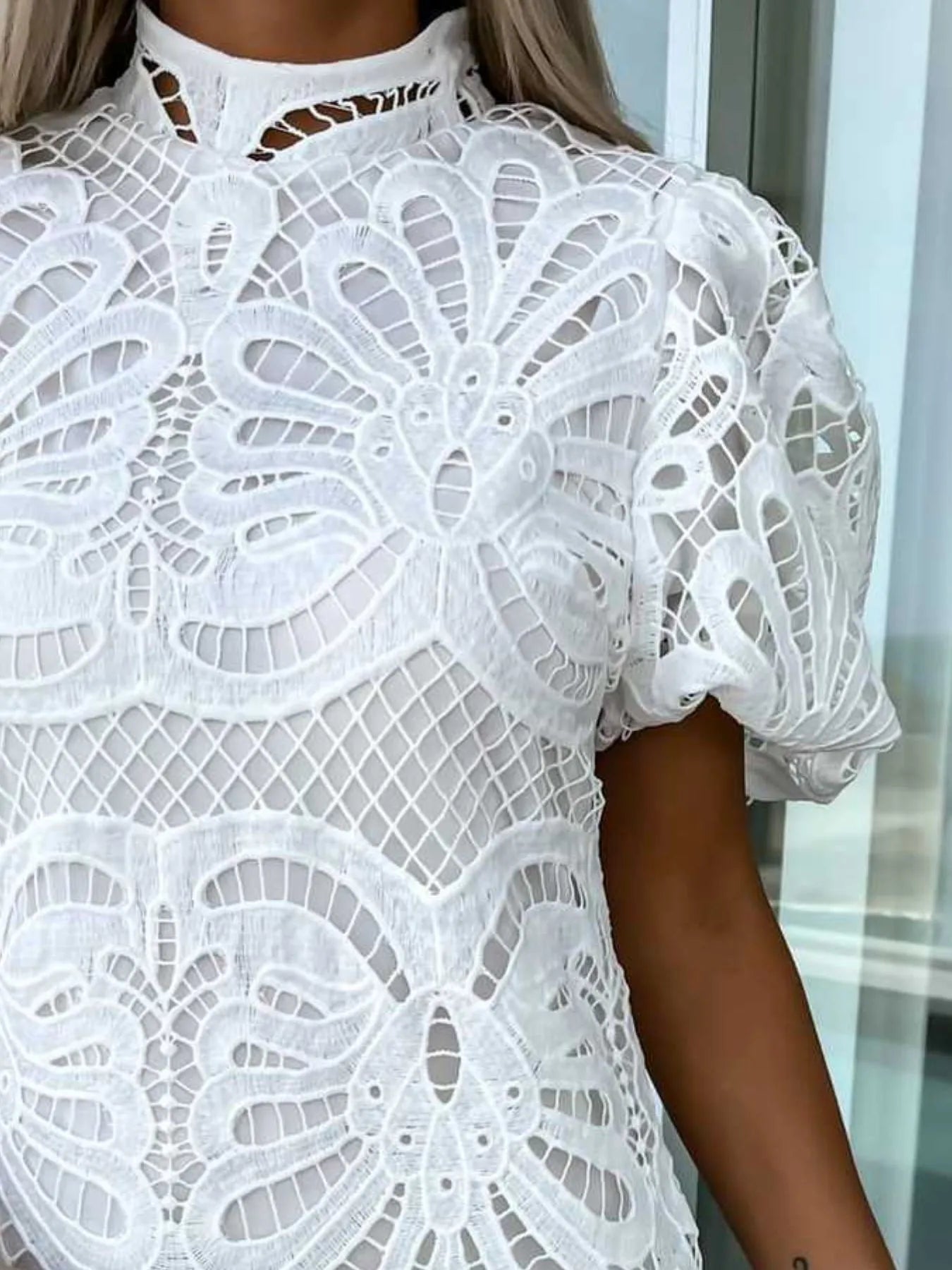 Lace Mock Neck Puff Sleeve Dress - Enfance-Heureuse