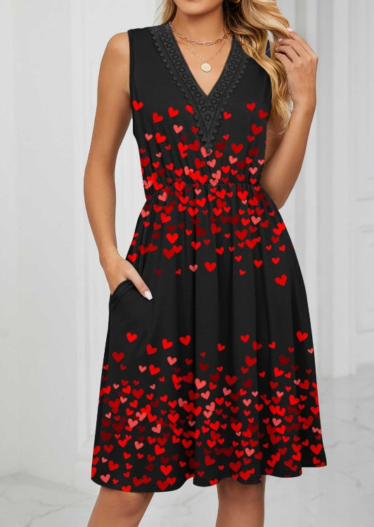 Ladies' V-neck Heart-shaped Printed Casual Off Shoulder Dress - Enfance-Heureuse