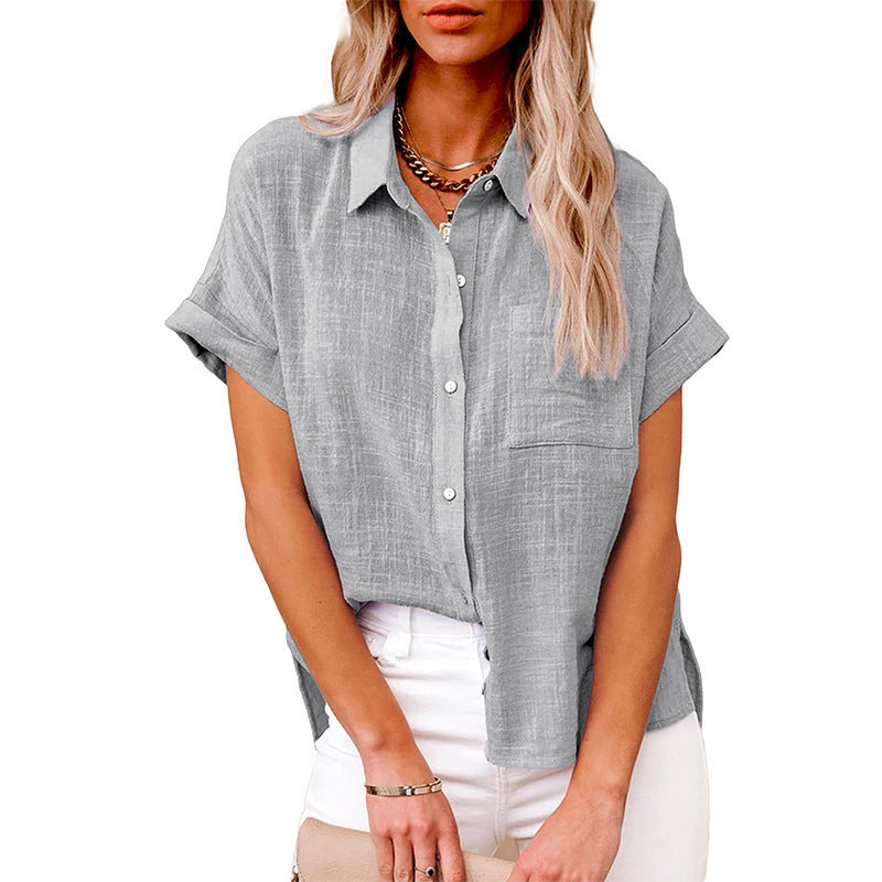 Summer Lapel Short Sleeve Shirt With Pockets Fashion Casual Solid Color Button Tops Women's Clothing - Enfance-Heureuse