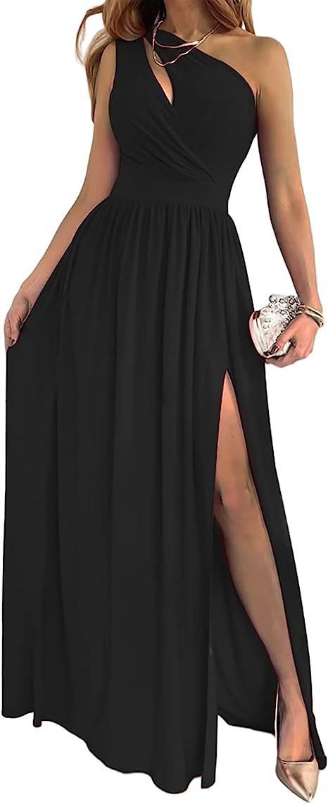 Women's One Shoulder High Split Cutout Sleeveless Elegant Sexy Cocktail Maxi Dress - Enfance-Heureuse
