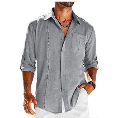 Chemise décontractée à manches longues avec poche, col polo en dentelle, couleur unie, boutons, vêtements pour hommes