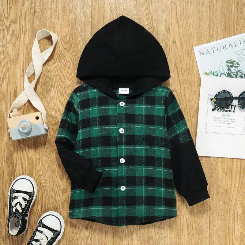 Hooded Plaid Sleeves Single Breasted Top Boys Middle Child Shirt Jacket - Enfance-Heureuse