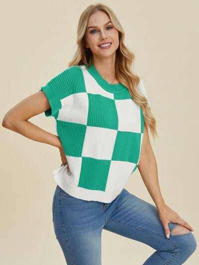 Double Take Full Size Checkered Round Neck Short Sleeve Sweater - Enfance-Heureuse