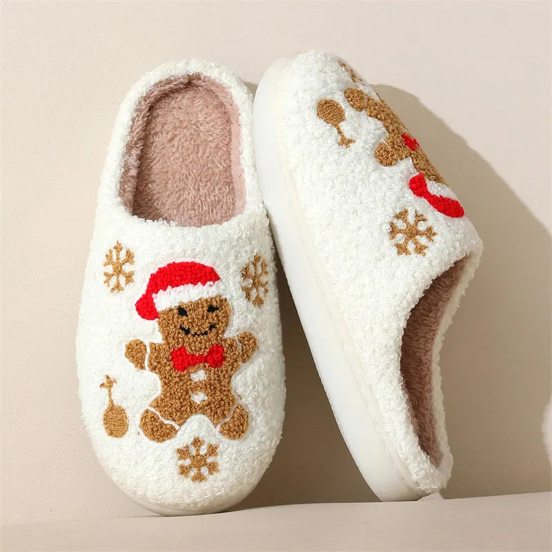 Christmas Snowflake Gingerbread Slippers Winter Indoor Non-slip Floor Bedroom Fuzzy House Shoes For Women Home Slippers - Enfance-Heureuse