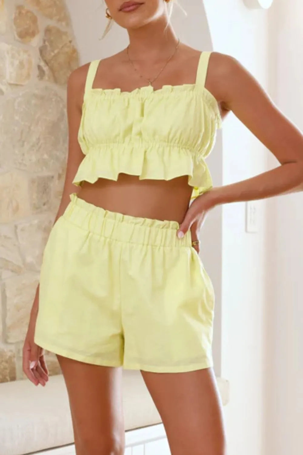 Ruffled Square Neck Cami and Shorts Set - Enfance-Heureuse