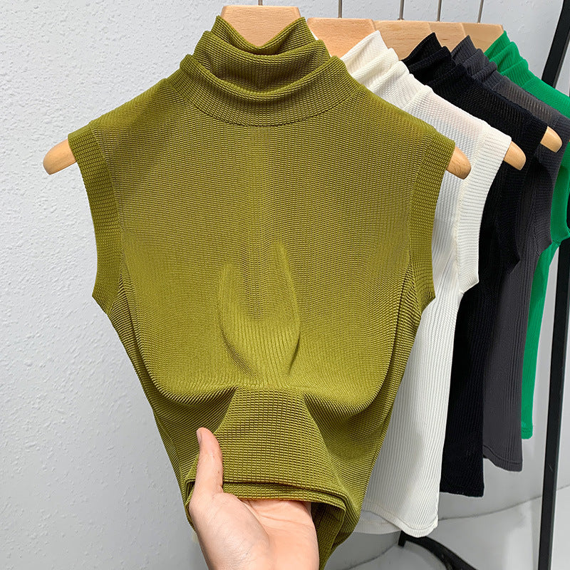 Ladies New Turtleneck Grenadine Solid Color Waist Tight Sleeveless Top - Enfance-Heureuse