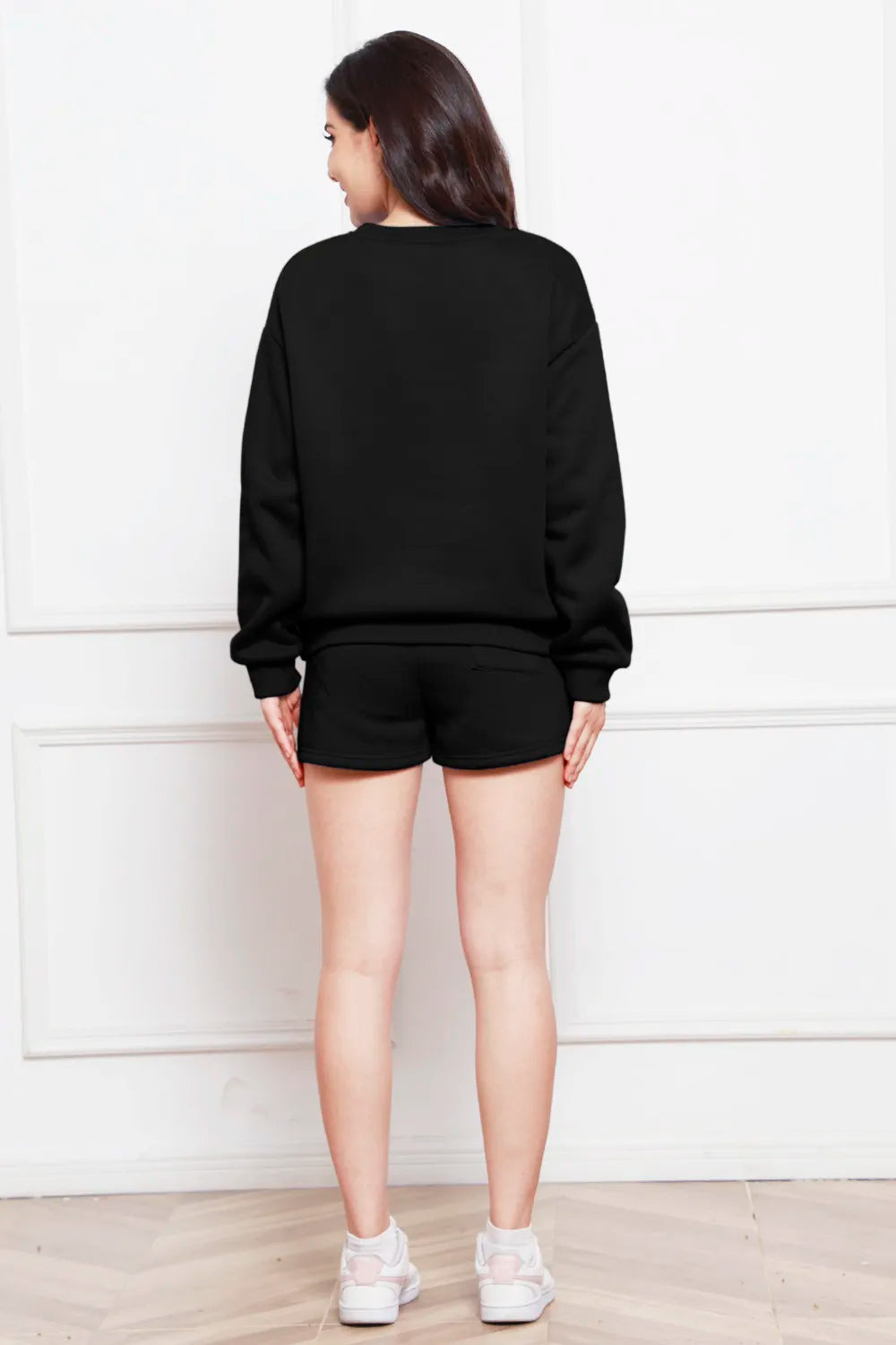 Round Neck Long Sleeve Sweatshirt and Drawstring Shorts Set - Enfance-Heureuse