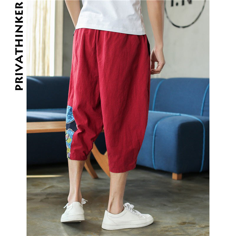 Sinicism Shop Mens Cotton Linen Harem Pants Male Casual Red Bottom Calf-Length Pants Man Summer Harajuku Baggy Loose Pants - Enfance-Heureuse
