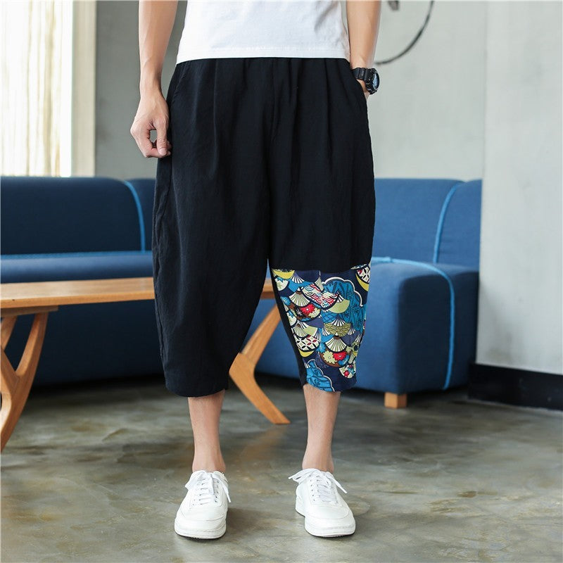 Sinicism Shop Mens Cotton Linen Harem Pants Male Casual Red Bottom Calf-Length Pants Man Summer Harajuku Baggy Loose Pants - Enfance-Heureuse