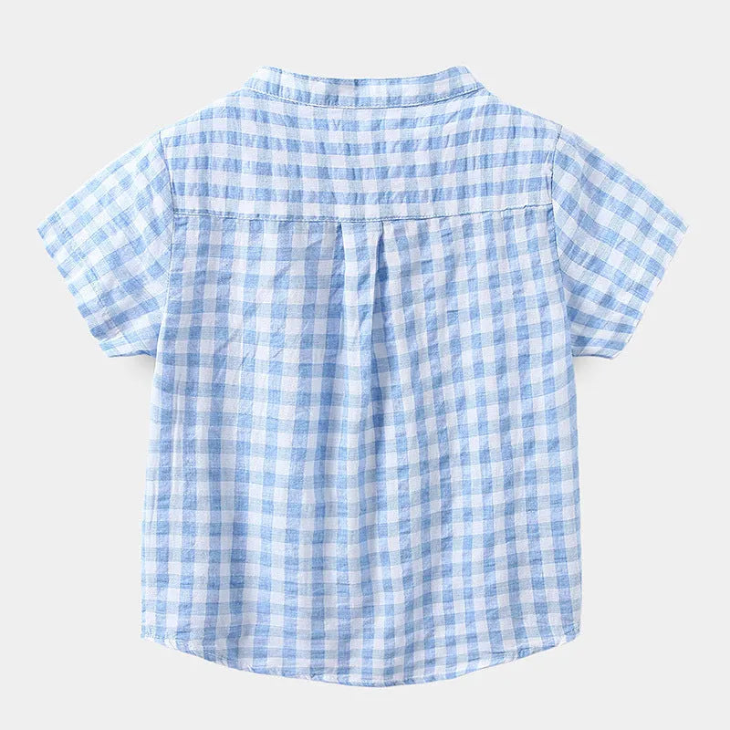 Children's Cotton Blue Short-sleeved Shirt Fashion Casual Short-sleeved Plaid Shirt - Enfance-Heureuse