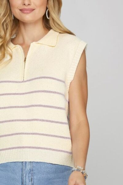 She + Sky Ribbed Hem Striped Half Zip Sweater Vest - Enfance-Heureuse