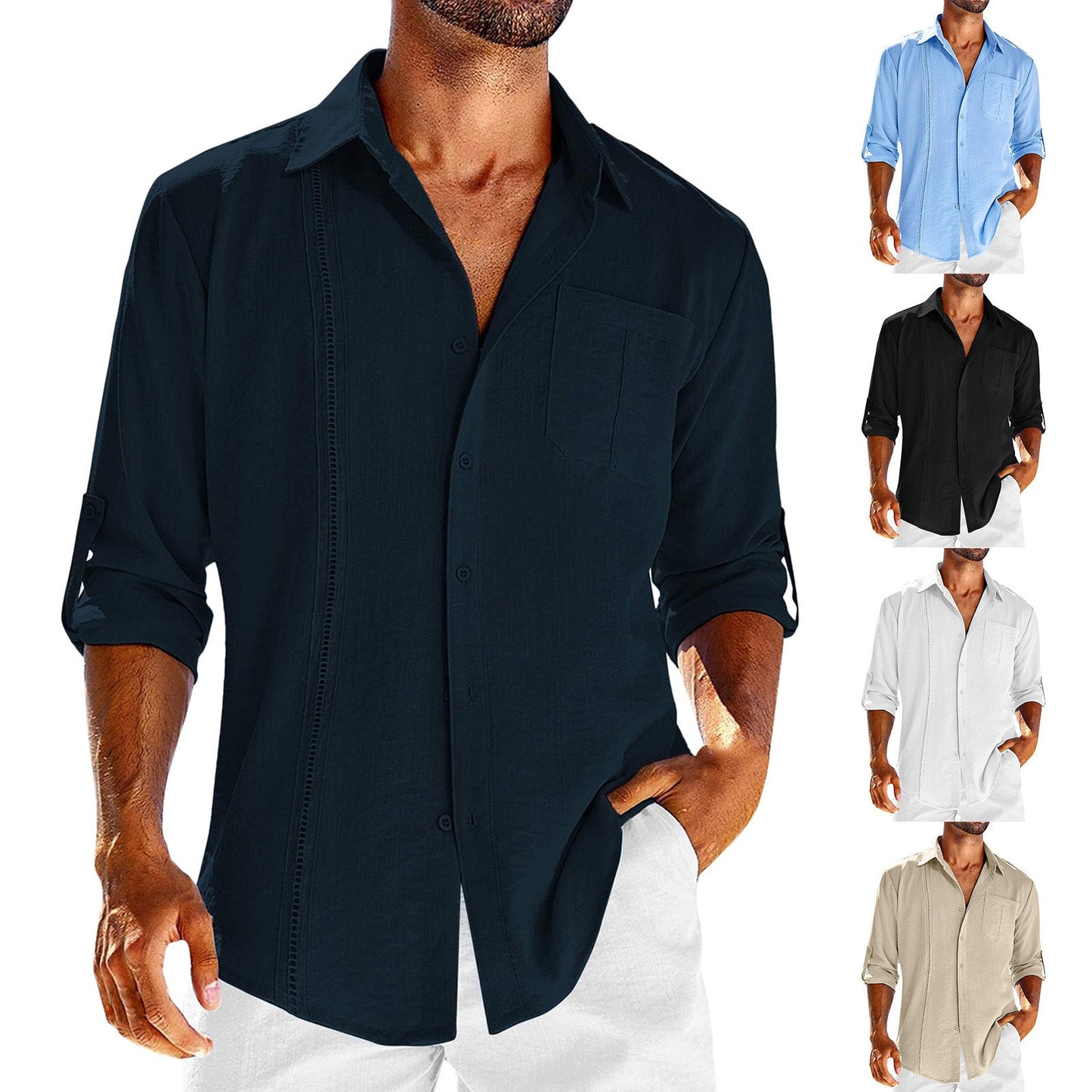 Chemise décontractée à manches longues avec poche, col polo en dentelle, couleur unie, boutons, vêtements pour hommes