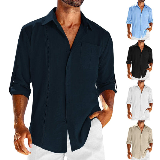 Chemise décontractée à manches longues avec poche, col polo en dentelle, couleur unie, boutons, vêtements pour hommes
