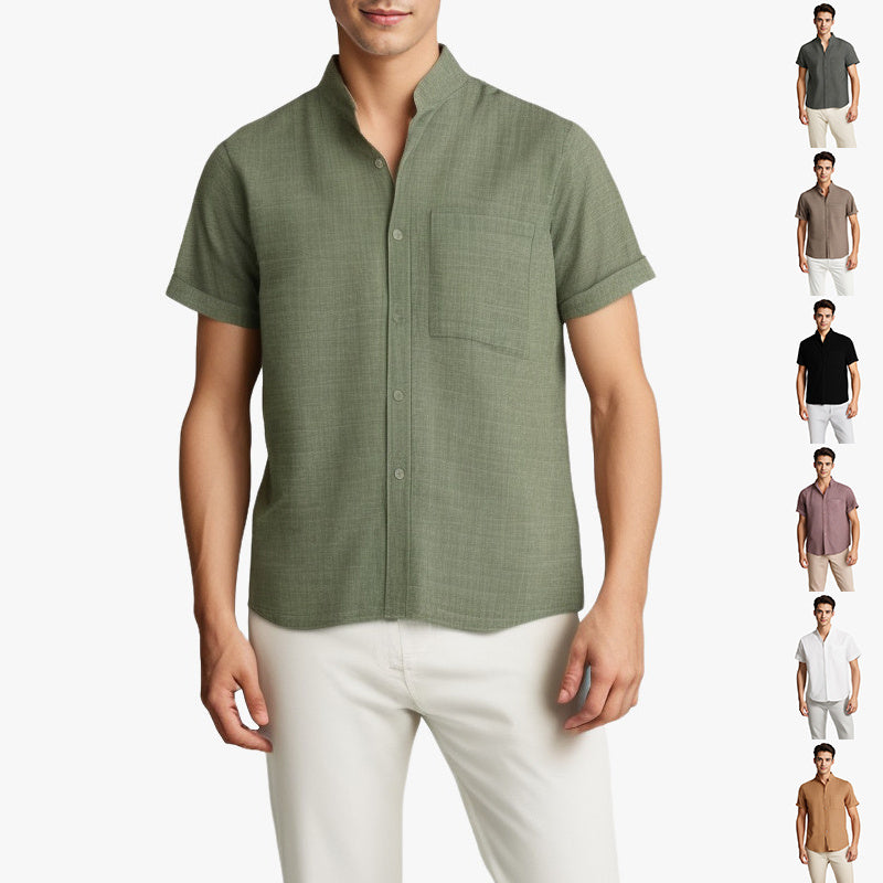 Solid-color Short-sleeved Lapel Shirt Summer Breathable Cotton And Linen Top Mens Clothing - Enfance-Heureuse
