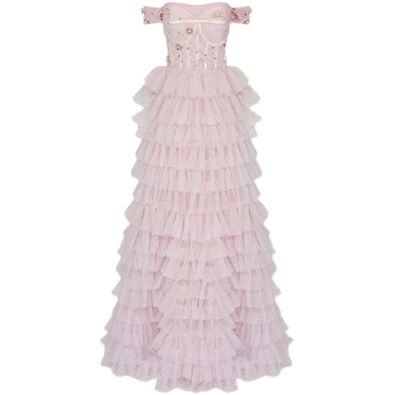 One-line Shoulder Wipe Chest Princess Studded Beaded Cake Skirt Pink Wedding Dress - Enfance-Heureuse