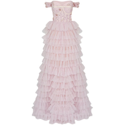 One-line Shoulder Wipe Chest Princess Studded Beaded Cake Skirt Pink Wedding Dress - Enfance-Heureuse