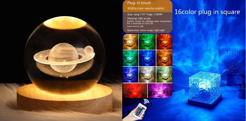 LED Water Ripple Ambient Night Light USB Rotating Projection Crystal Table Lamp RGB Dimmable Home Decoration 16 Color Gifts - Enfance-Heureuse