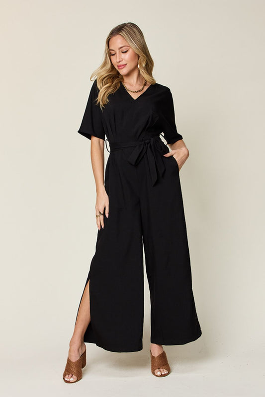 Double Take Full Size V-Neck Tied Side Slit Jumpsuit - Enfance-Heureuse
