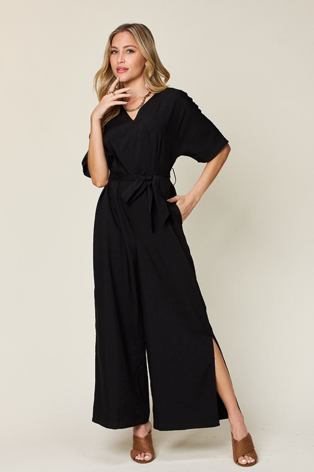 Double Take Full Size V-Neck Tied Side Slit Jumpsuit - Enfance-Heureuse