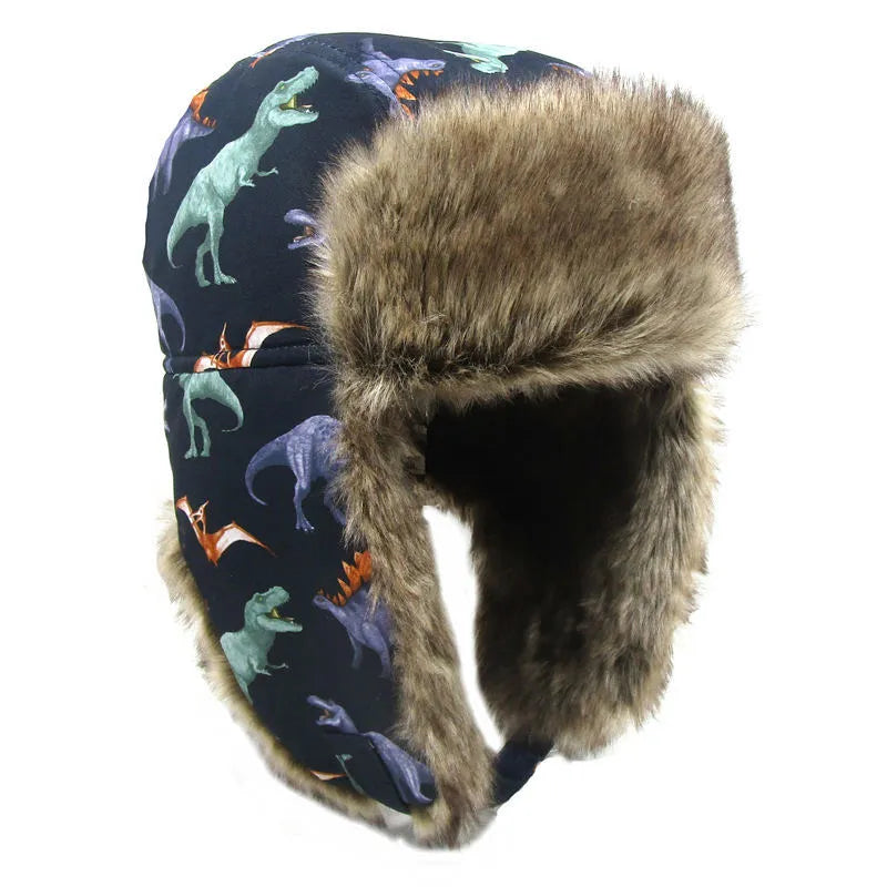 Boys Dinosaur Print Thick Warm Ear Protection Hat - Enfance-Heureuse