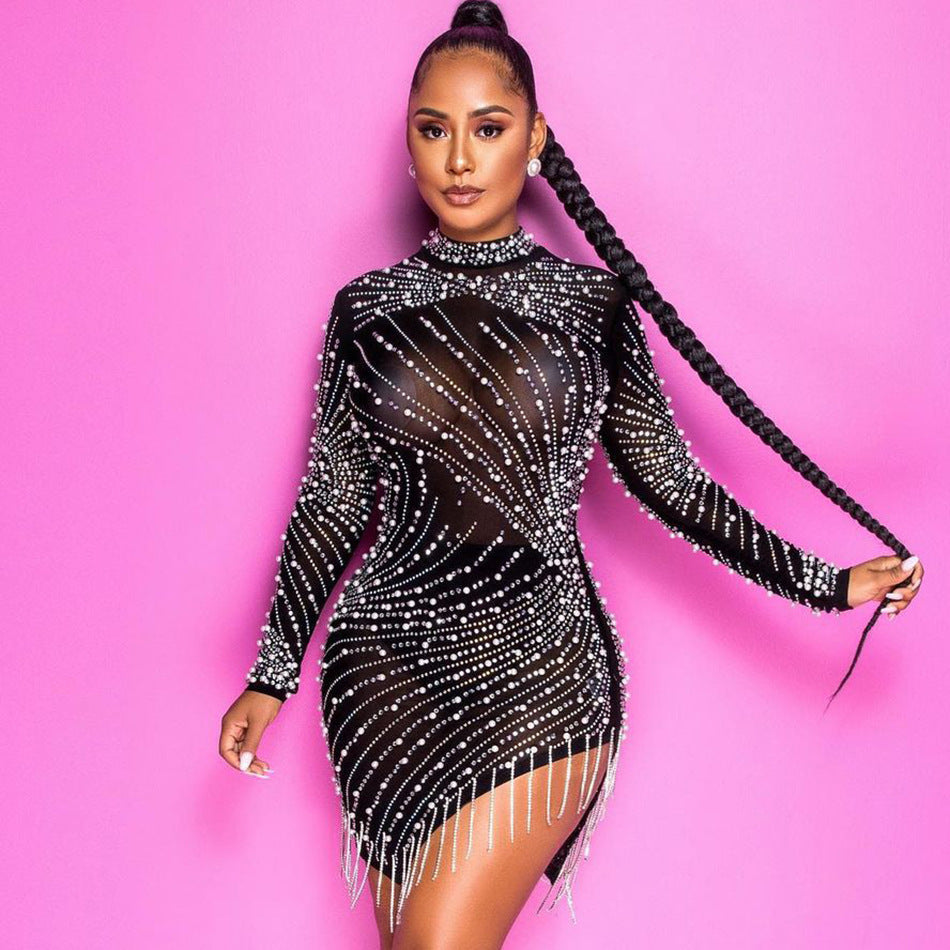 Heavy Industry Pearl Rhinestone Stretch Side Seam Tassel Short Dress - Enfance-Heureuse