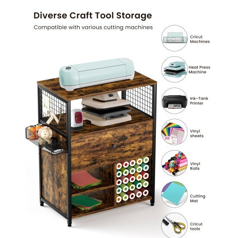 Craft Organization And Storage Cabinet Compatible With Cricut Machines, Crafting Cabinet With Drawer & 25 Vinyl Roll Holder, Craft Table Desk Workstation For Craft Room Home.Rustic Brown. - Enfance-Heureuse