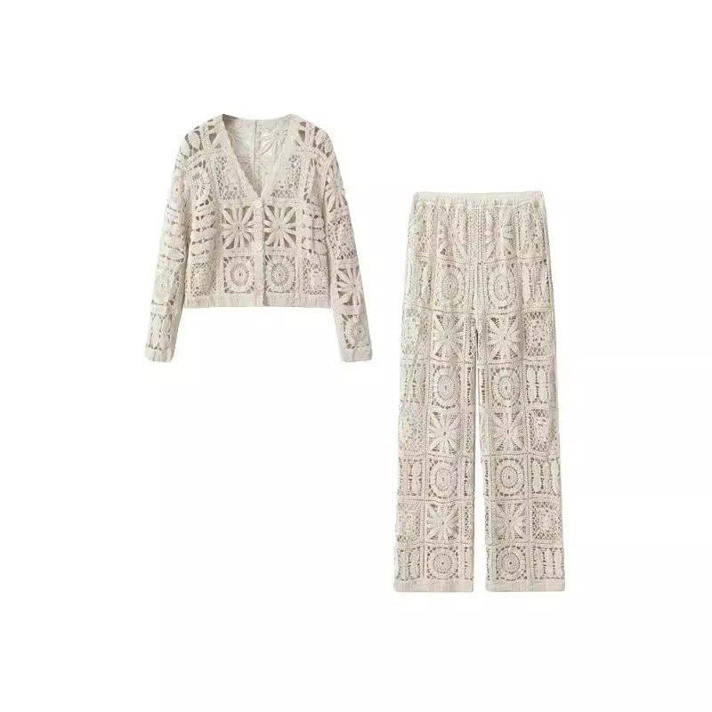 Women's Fashion Three-dimensional Hollow-out Crocheted V-neck Knitted Cardigan Wide-leg Lace Pants - Enfance-Heureuse