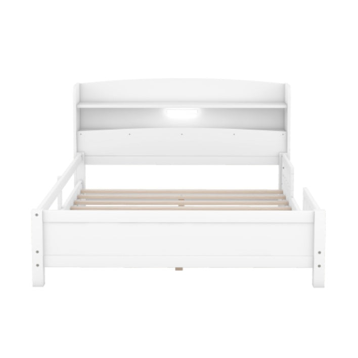 Wood Full Size Platform Bed With Built-in LED Light, Storage Headboard And Guardrail, White - Enfance-Heureuse