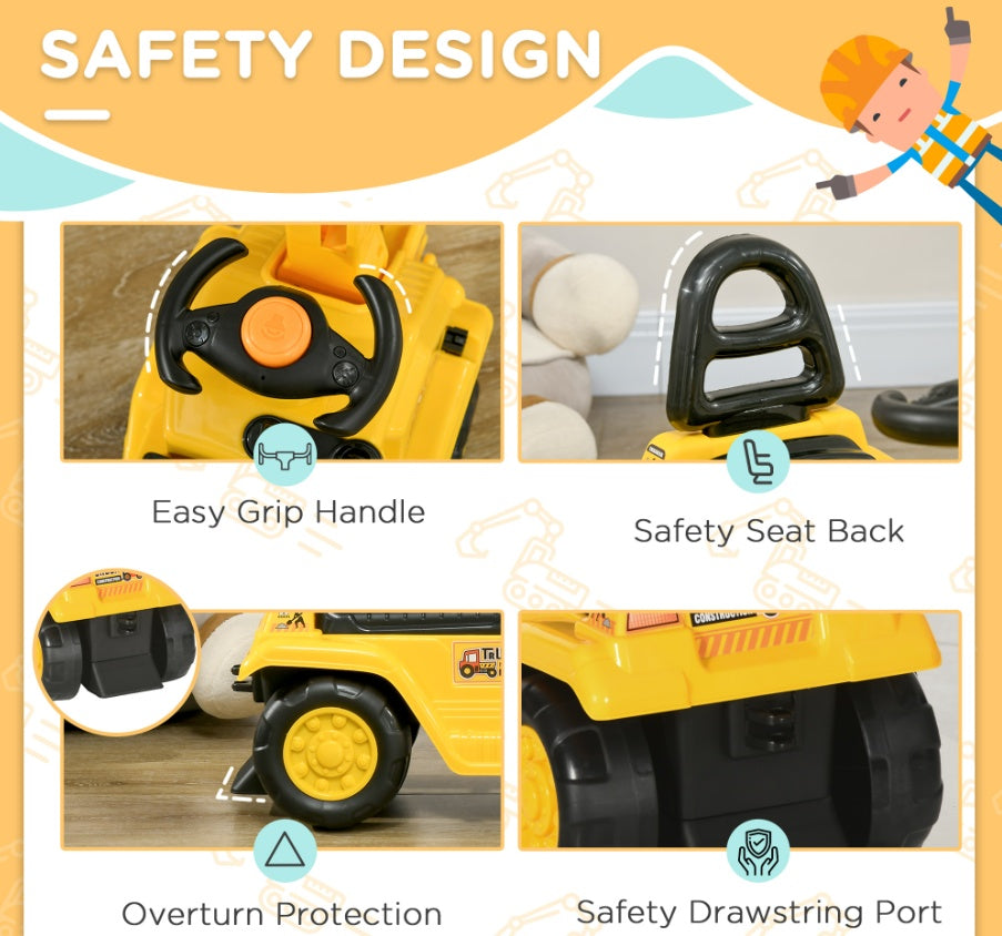 3-in-1 Ride On Excavator Digger Scooter & Pulling Cart, Construction Pretend Play Toy For Kids - Enfance-Heureuse