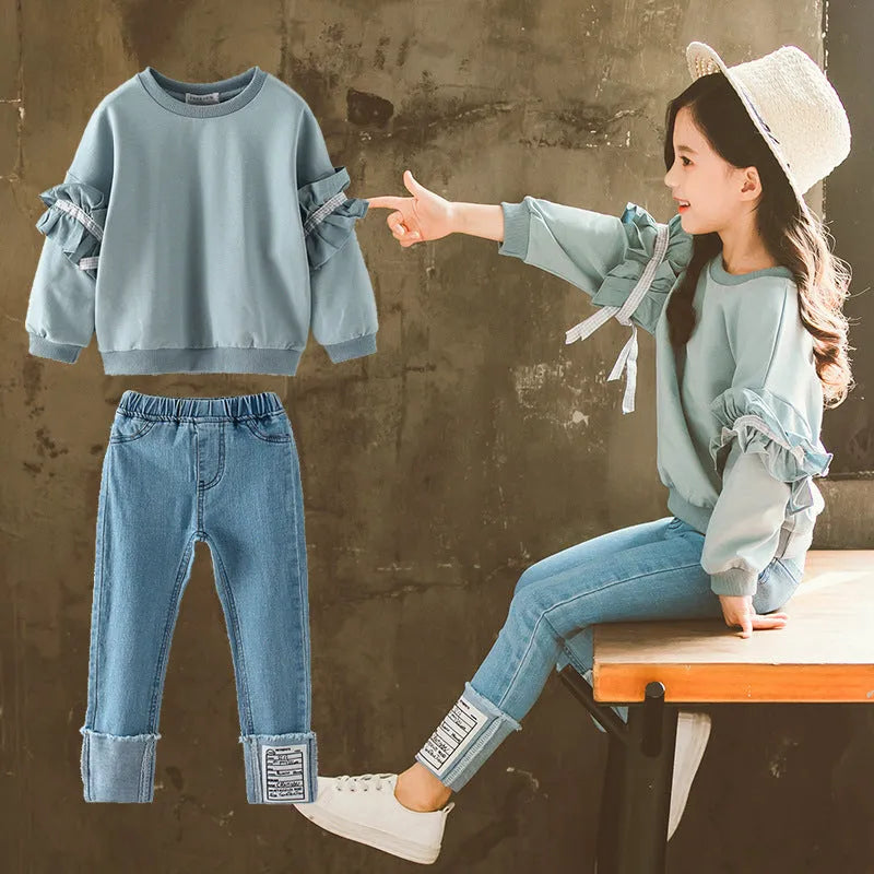 Girls' Lace Sleeve Jeans Two-Piece Set - Enfance-Heureuse
