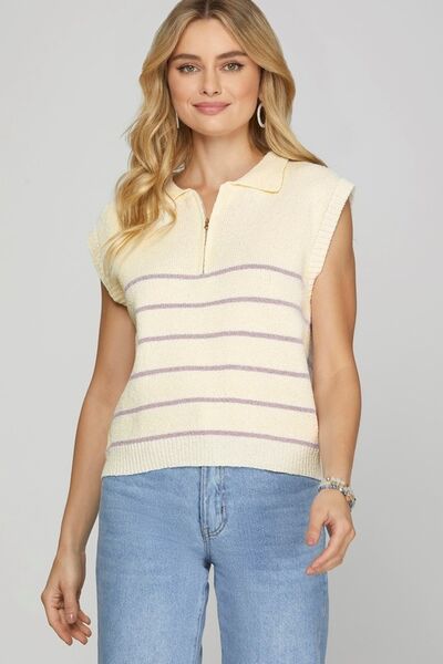 She + Sky Ribbed Hem Striped Half Zip Sweater Vest - Enfance-Heureuse