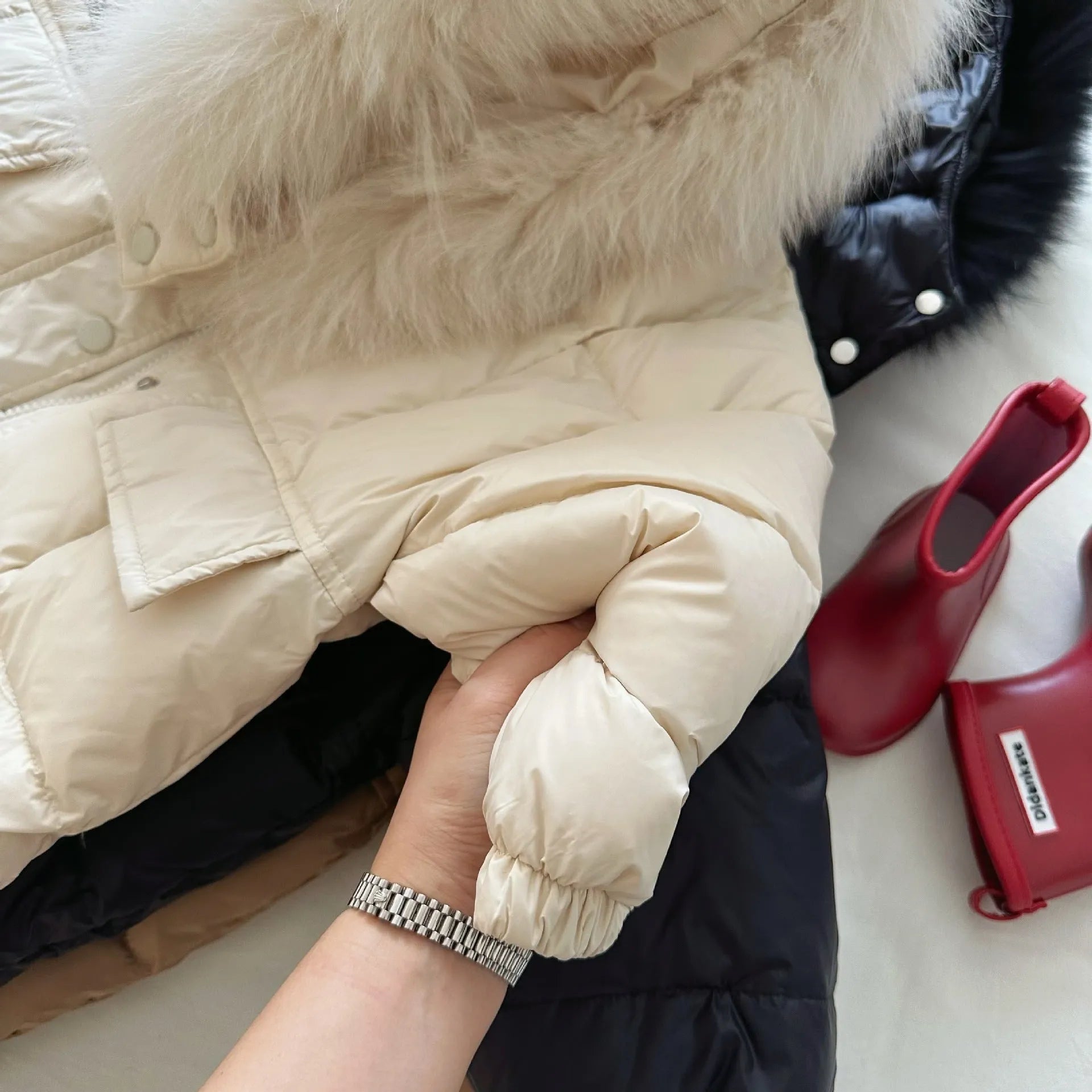 Solid Color Fur Collar Down Jacket Baby Long Section - Enfance-Heureuse
