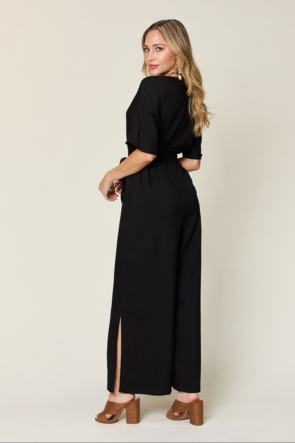 Double Take Full Size V-Neck Tied Side Slit Jumpsuit - Enfance-Heureuse