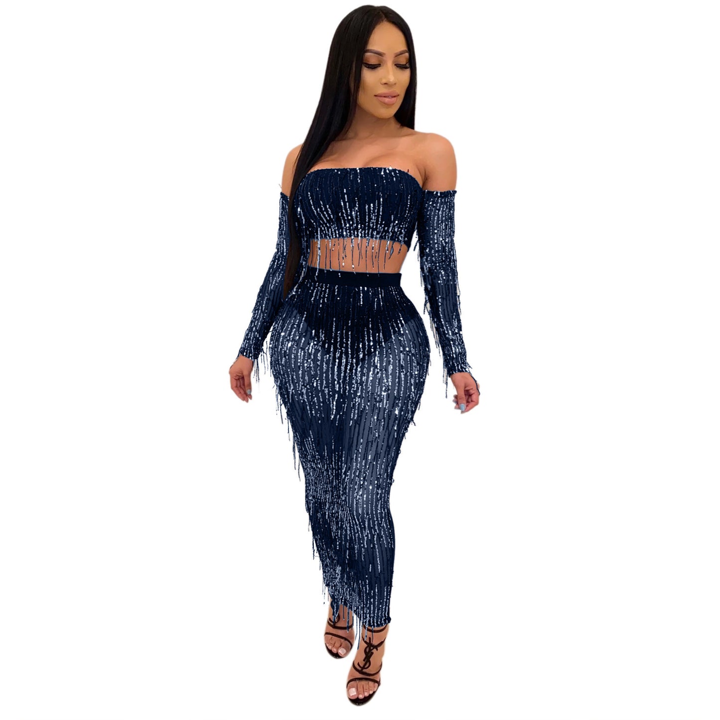 Fashion Sexy See-through Mesh Sequins Tassel Two-piece Set - Enfance-Heureuse