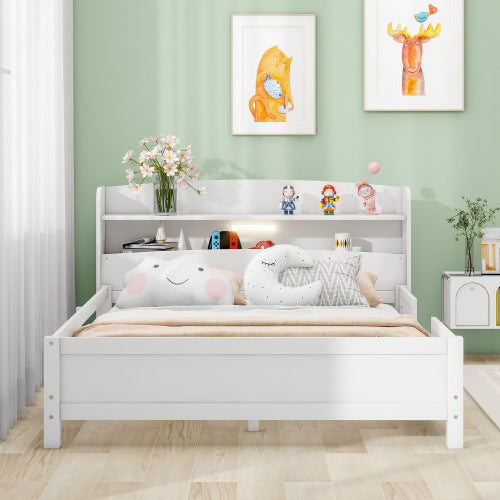 Wood Full Size Platform Bed With Built-in LED Light, Storage Headboard And Guardrail, White - Enfance-Heureuse