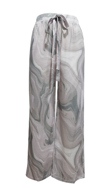 Ladies' Contrasting Printed Waist Strap Details, Loose Pleated Casual Style Wide Leg Pants - Enfance-Heureuse