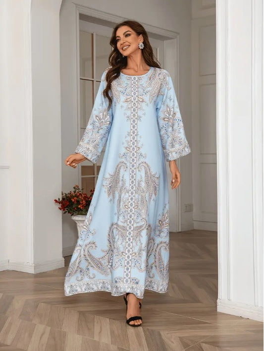 Elegant Floral Print Long Sleeve Abaya Dress - Enfance-Heureuse