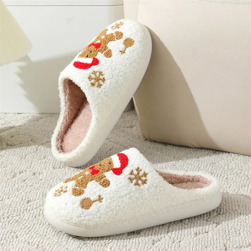 Christmas Snowflake Gingerbread Slippers Winter Indoor Non-slip Floor Bedroom Fuzzy House Shoes For Women Home Slippers - Enfance-Heureuse