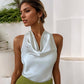 Women Solid Color Swing Collar Sleeveless Vest Trendy Elegant Shirt With Halter Neckline Backless Short Sleeve Tops Tshirts - Enfance-Heureuse